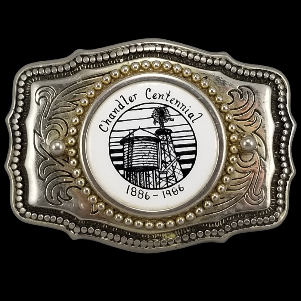 Chandler Centennial 1886 1986 Western Belt Buckle Water Tower Windmill USA Made